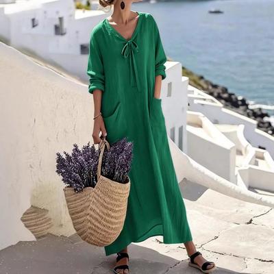 Cotton Linen Dresses for Women Long Sleeve V Neck Maxi Sundress Casual Beach Long Dress with Pockets