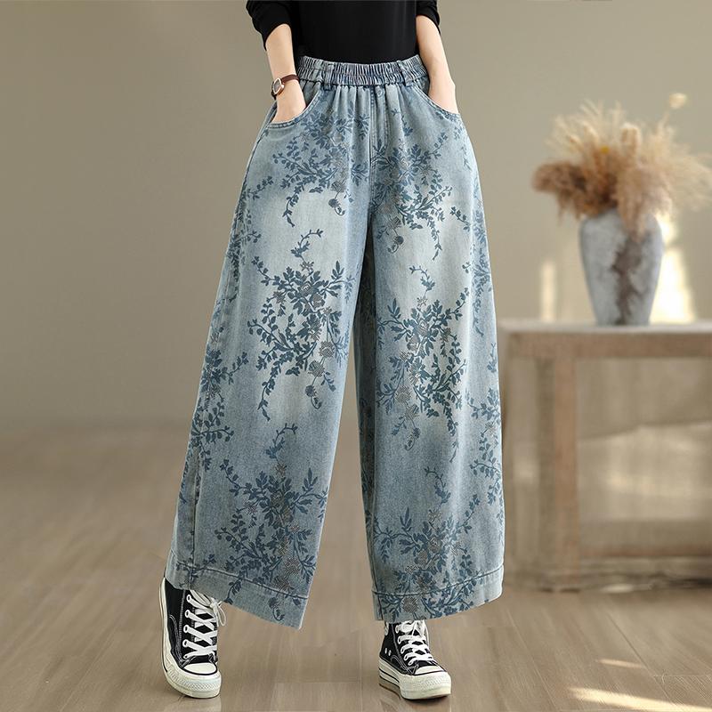 DIMANAF 2025 Plus Size Autumn Jeans New Long Pants Floral Print Women Loose Denim Trousers Big Size Casual