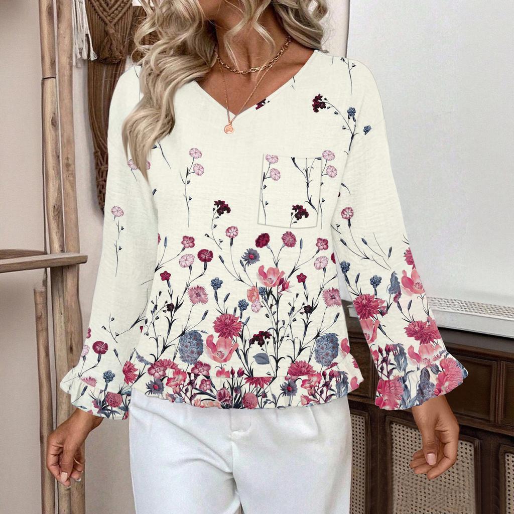 Women's Casual Fashion Ruffle V-Neck Pocket Print Long Sleeve Top