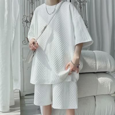 Men's Casual White Round Neck Short-Sleeve T-Shirt and Summer Loose-Fit Two-Piece Set