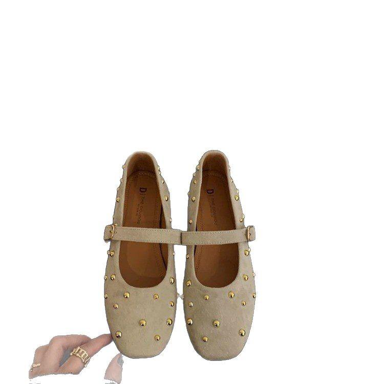 Weiche Lederversion~ Mary Jane Schuhe mit eckiger Spitze im Feenwindstil, Damen flachmündig mit Ein-Wort-Schnalle, Nieteneinschuhe, sanftes Temperament, Abendschuhe
