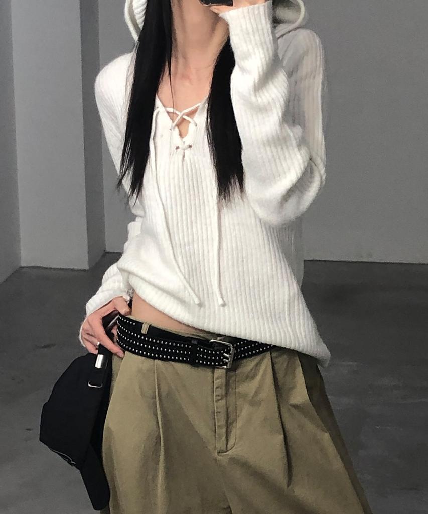 CHICKS Ribbed Slim Fit Hoodie Knit White