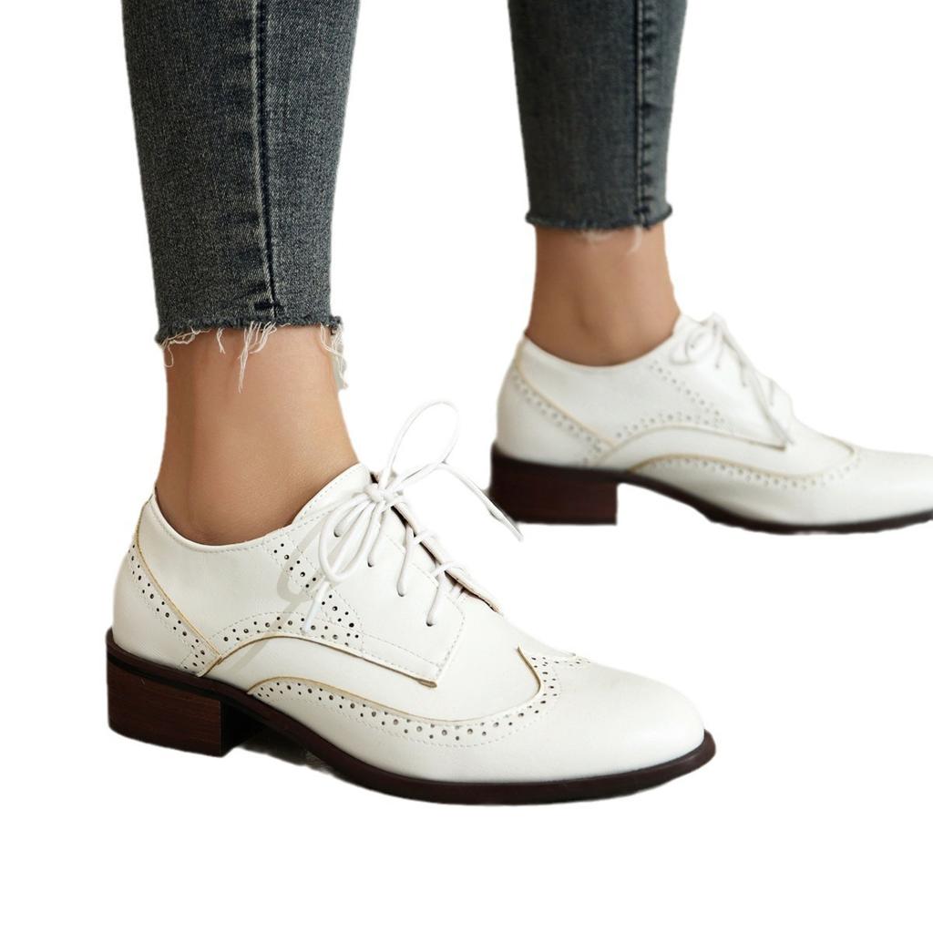 European and American Low-heeled Single Shoes Retro Brock Color Matching Dark-mouth Lace-up  Single Shoes H
