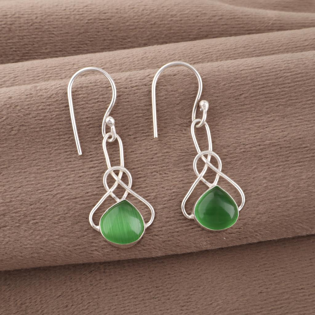 Green Cat's Eye Gemstone Earrings, 925 Solid Sterling Silver Jewelry, Handmade Spiritual Earrings For Wedding Gift