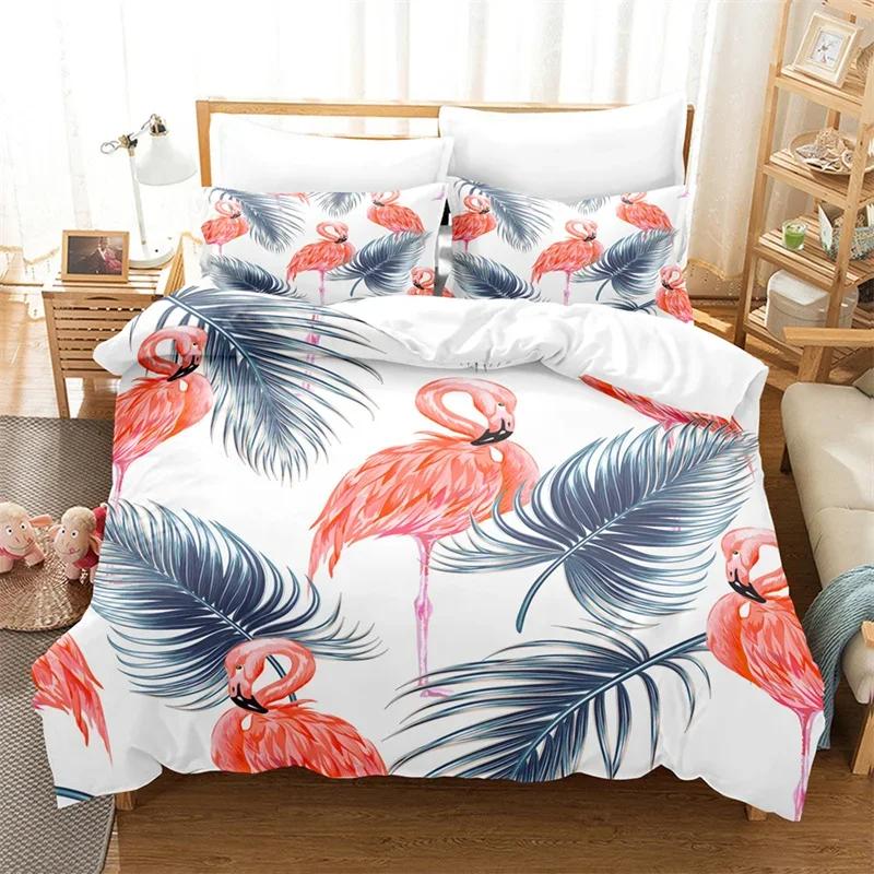Comforter Flamingo Tropical Floral Palm Leaves Bedding Set Queen Twin Microfiber Summer Hawaiian Wild Animal Comforter