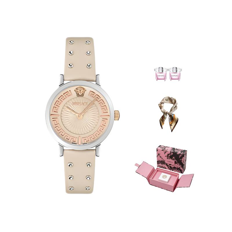 Photos - Wrist Watch Versace Quartz Watch 35mm Beige Dial Leather Strap Gift Set With Perfume And Red Envelope Women watches pink VE0A00125 VE0A0 