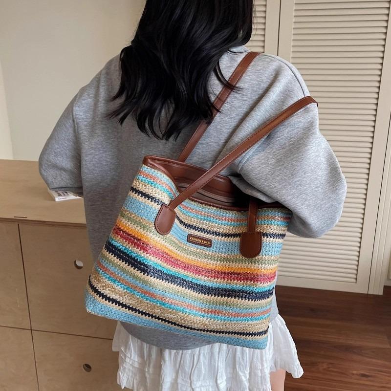 Summer large-capacity rainbow straw bag women's new fashionable versatile shoulder underarm bag portable tote bag