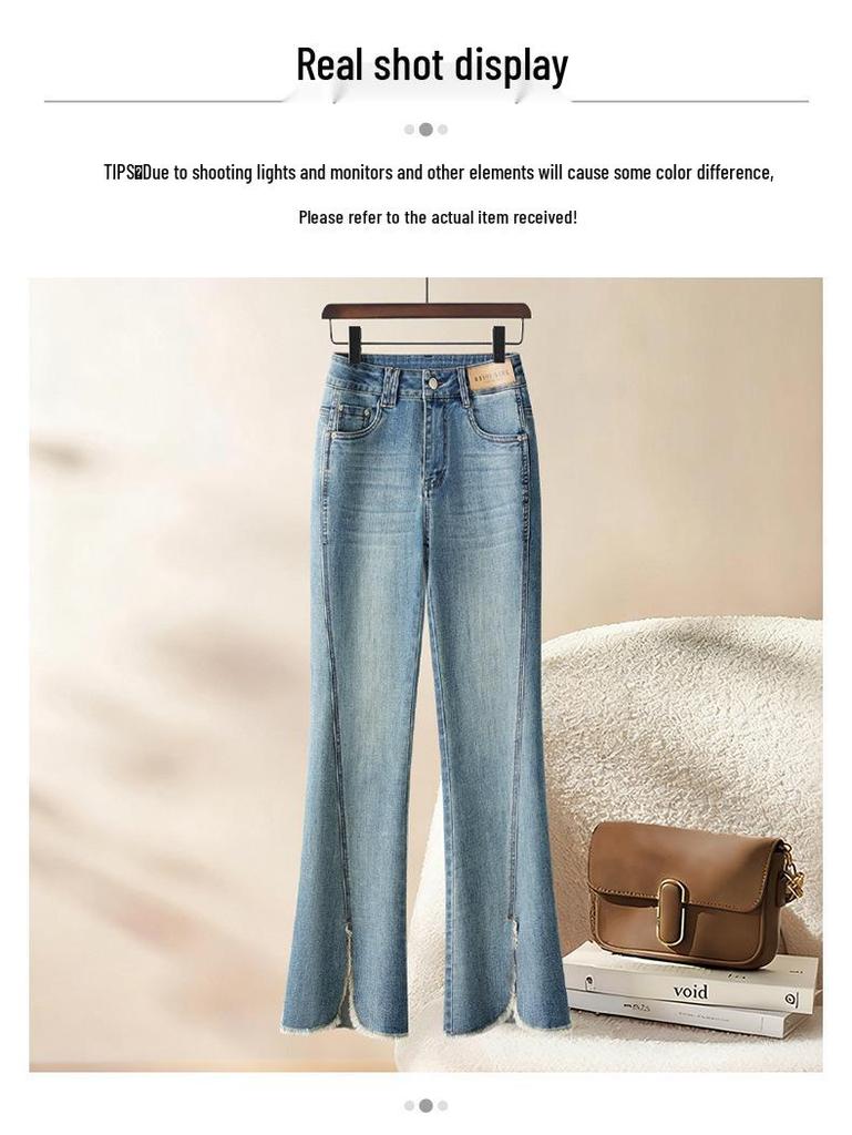 Women's Light Blue Frayed Micro-Flare High-Waisted Jeans for Spring/Autumn 2026 - Slimming Slit Flare Pants