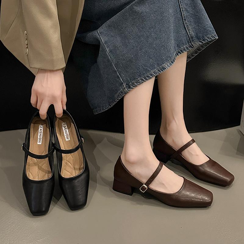 Pantofi de damă la modă Mary Jane în stil francez, pompe de primăvară-toamnă cu toc mediu, vârf pătrat gros, mocasini cu nasture, decolteu mic, negri, maro, pantofi cu toc pentru femei