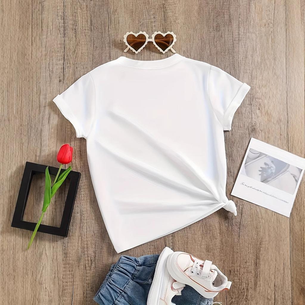 Girls' Casual Colorful Heart-patterned T-shirt for Summer, Children's Fashionable Short-sleeved T-shirt