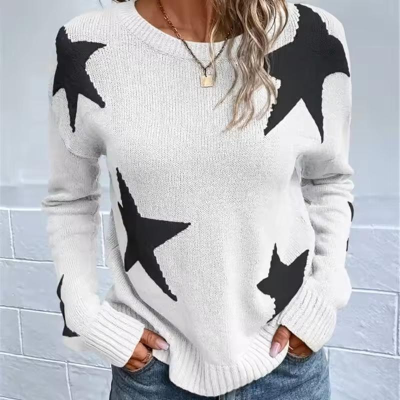 Women Sweaters Print Knit Long Sleeve Round Neck Spliced Top Pullovers Jumpers Straight Elegant Lady Casual Autumn
