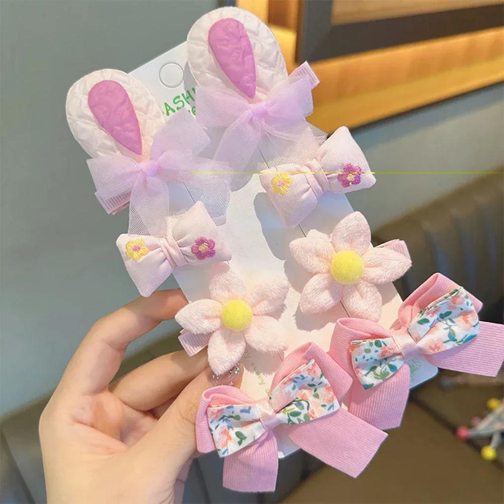8pcs/set Cute Cartoon Rabbit Ear Hairpin Fabric Embroidery Flower Bowknot Hair Clips Girls Headwear Hair Accessories