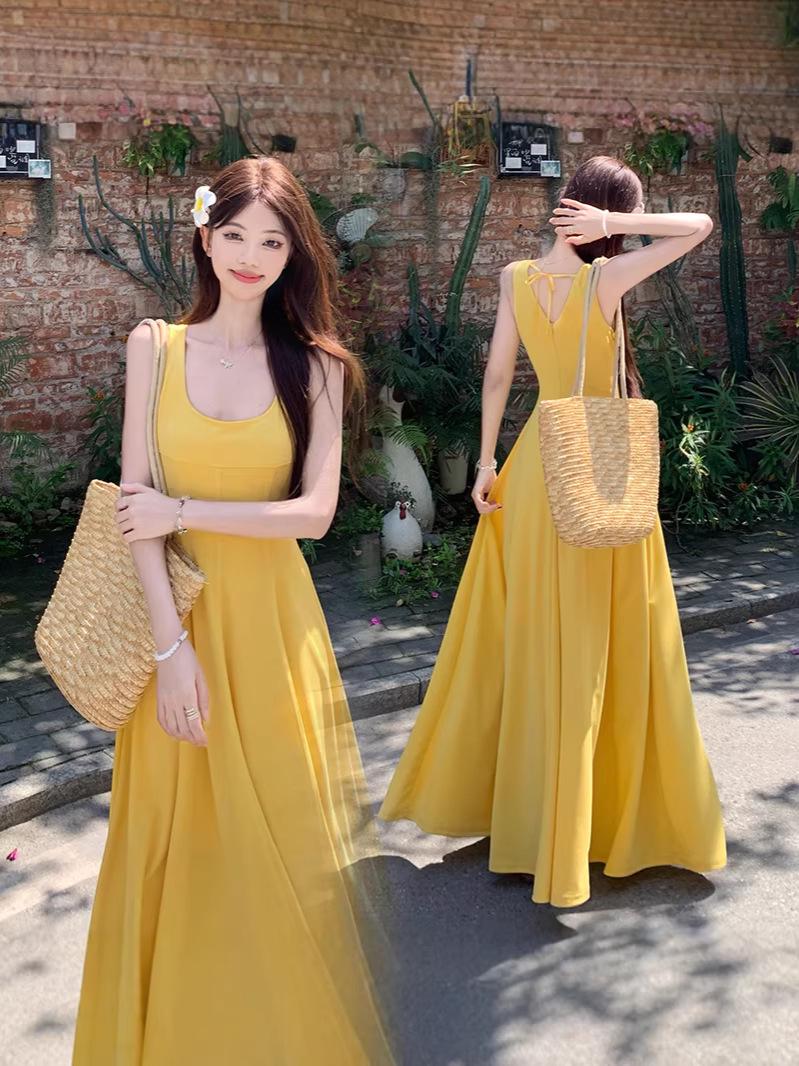 

Yellow Plus Size Retro A-line Spaghetti Strap Dress with Square Neck - French Summer Waist-cinching Design 2XL жёлтый