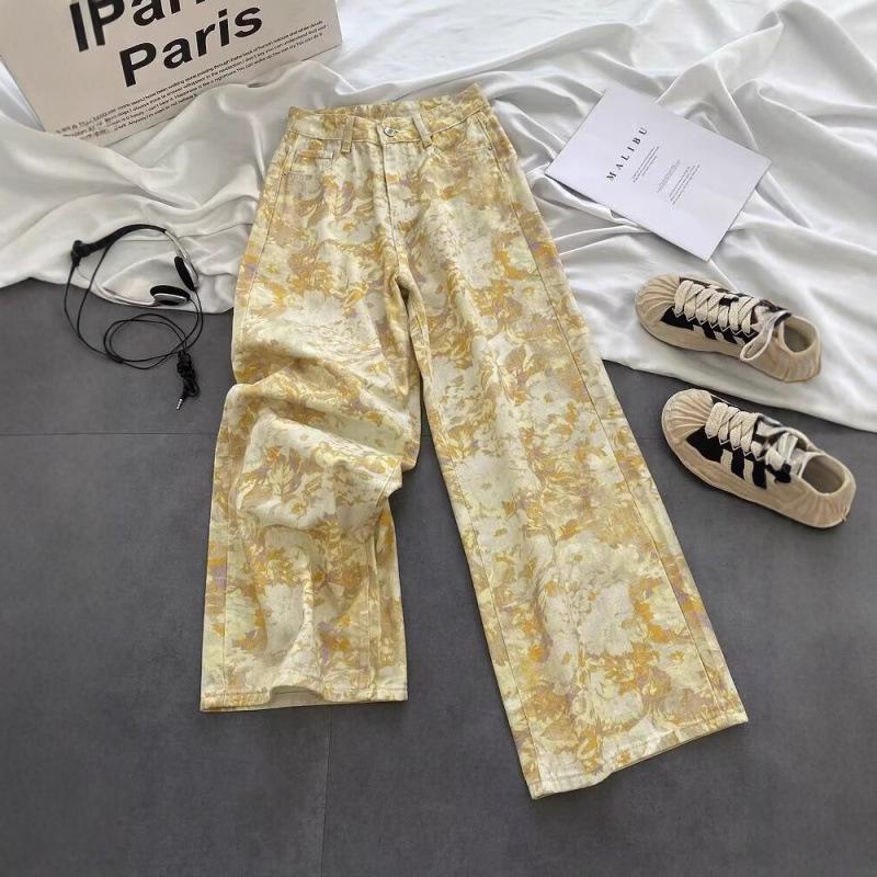 Retro Tie-Dye Floral Denim Jeans: Unisex, Flared, Drapey Straight Wide-Leg, Floor-Length, Spring/Summer 2025, American Design.