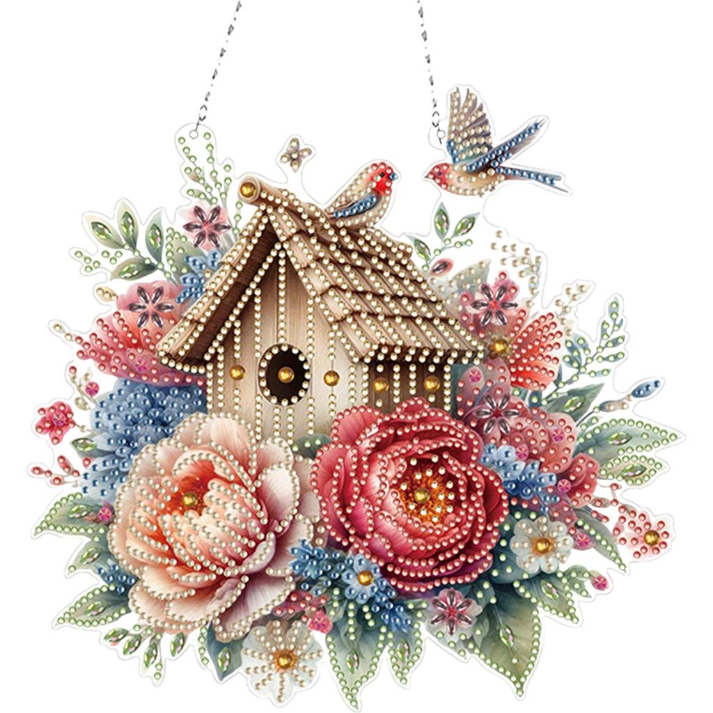 Acryl Spezialform Blumen Vogelhaus Strass Diamant Kunst Anhänger Diamantmalerei Hängeanhänger für Garten Fenster Dekoration
