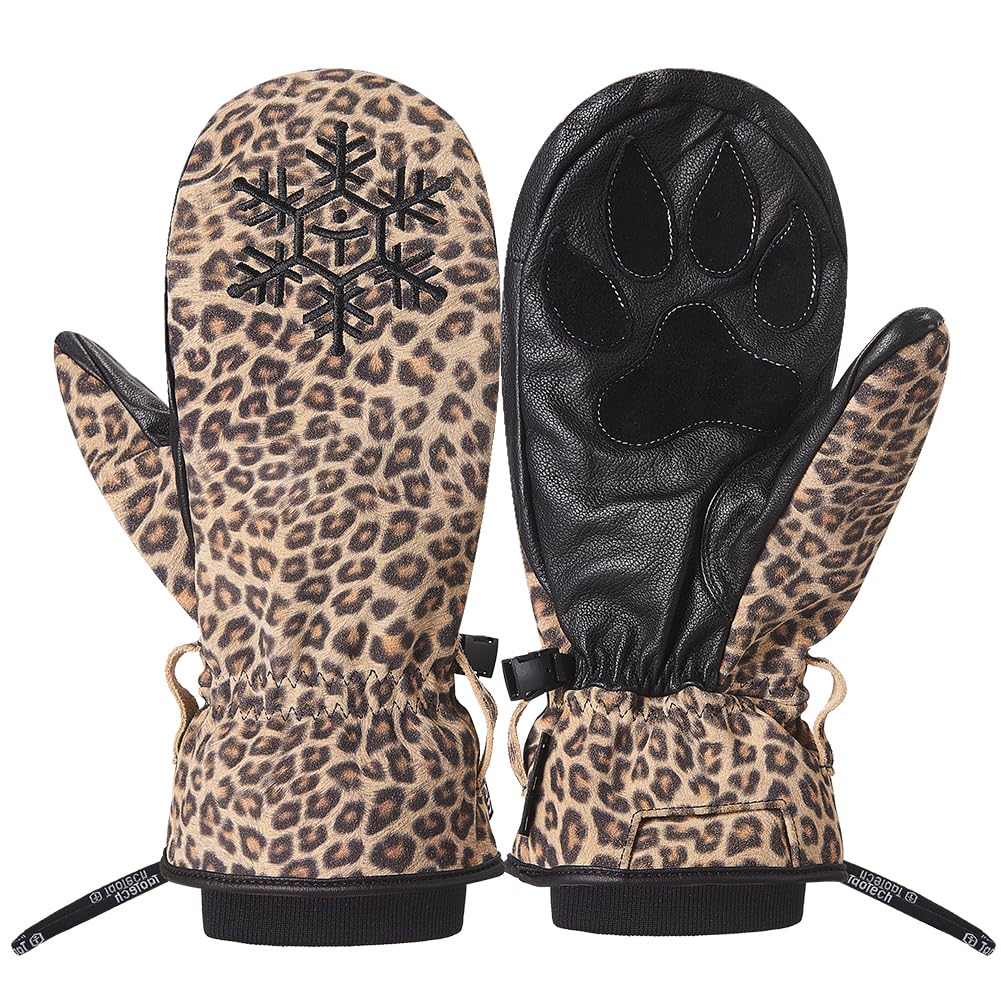 TaoTech Genuine Leather Snowboard Mittens for Men and Ski Gloves with Protectors and Leash Leopard Women, (L, Print)