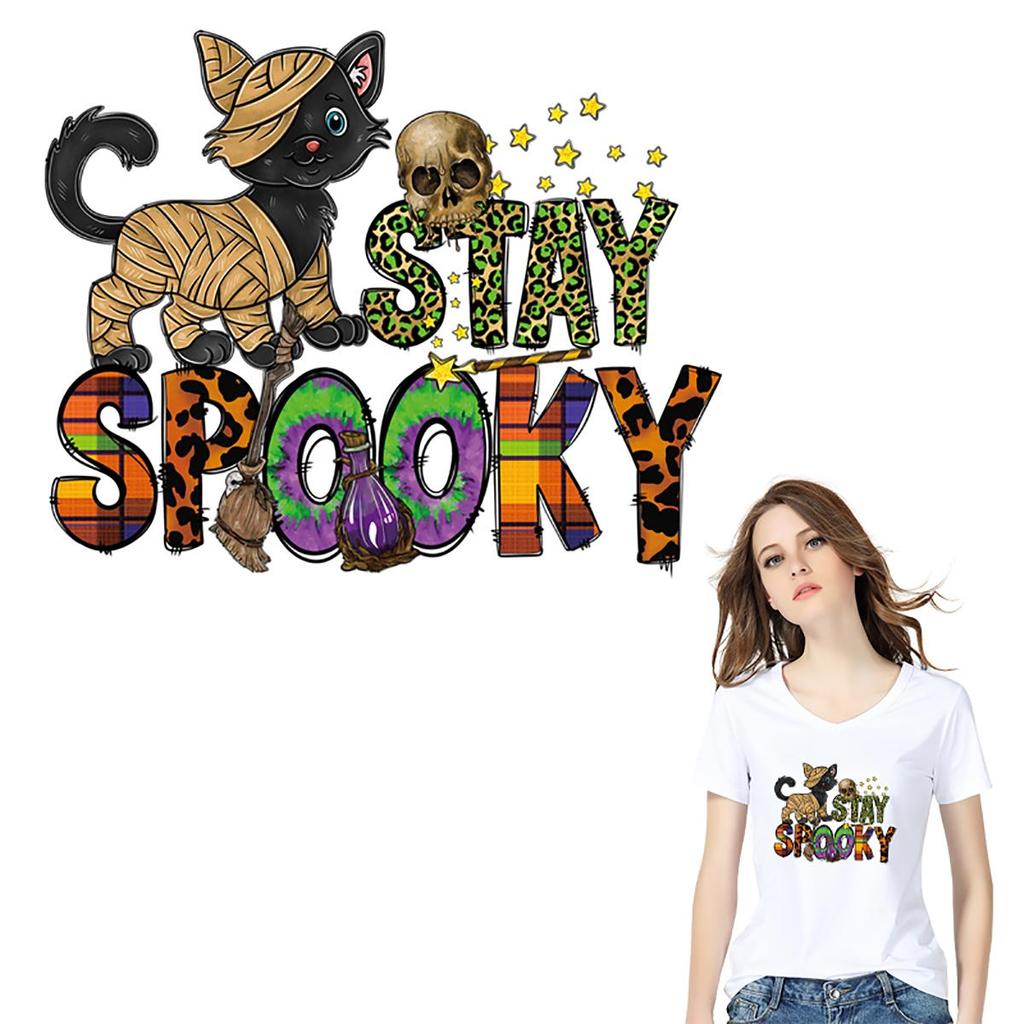 Spooky Cat Iron On Transfer Clothes Appliqued Heat-Adhesive Transfer Diy Accessory Arts Crafts Ironing Halloween Skull Patch