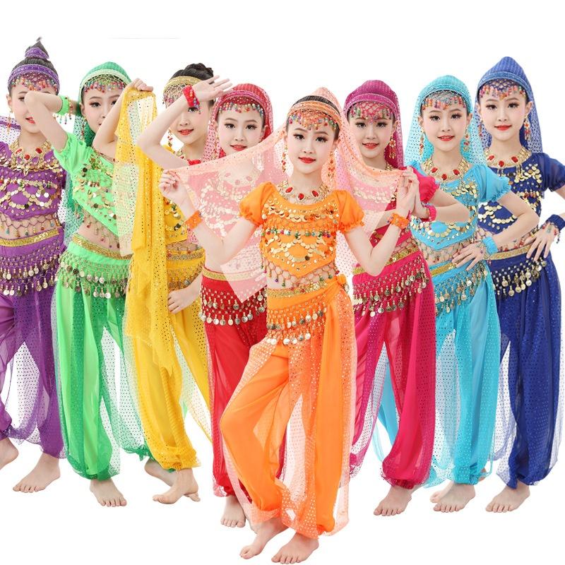 Indische Tanz Bauchtanz Bühne Kostüme Kinder Aufführung Kostüme Kinder Kinderfest Kostüme Fischschuppen Kurzarm Highlight Hose