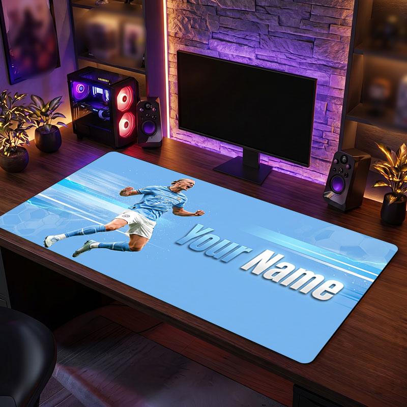 Erling Haaland Custom Large Mouse Pad, Personalized Name Text Print, Football Logo Non‑Slip Desk Mat Gaming Gift