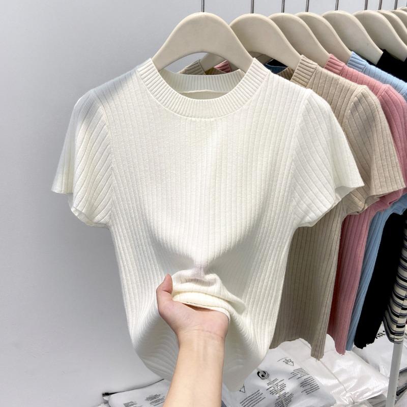Gentle wind pit strip round neck with knitted short-sleeved women's summer soft waxy and thin solid color temperament bottoming top