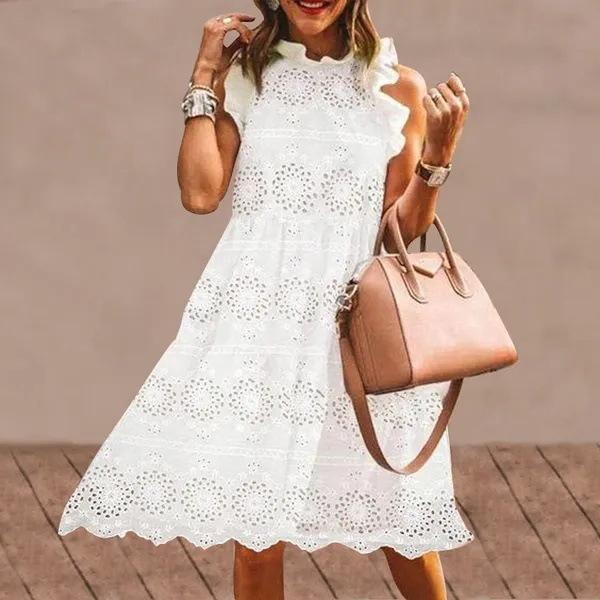 European Beautiful Women's New Summer Fresh and Sweet Loose Hollow Embroidered Dress