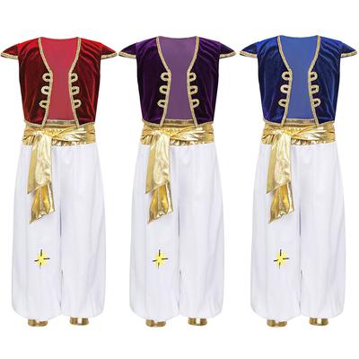 Kids Boys Arabian Prince Costume Suit Halloween Cosplay Fancy Dress-up Cap Sleeves Vest with Pants