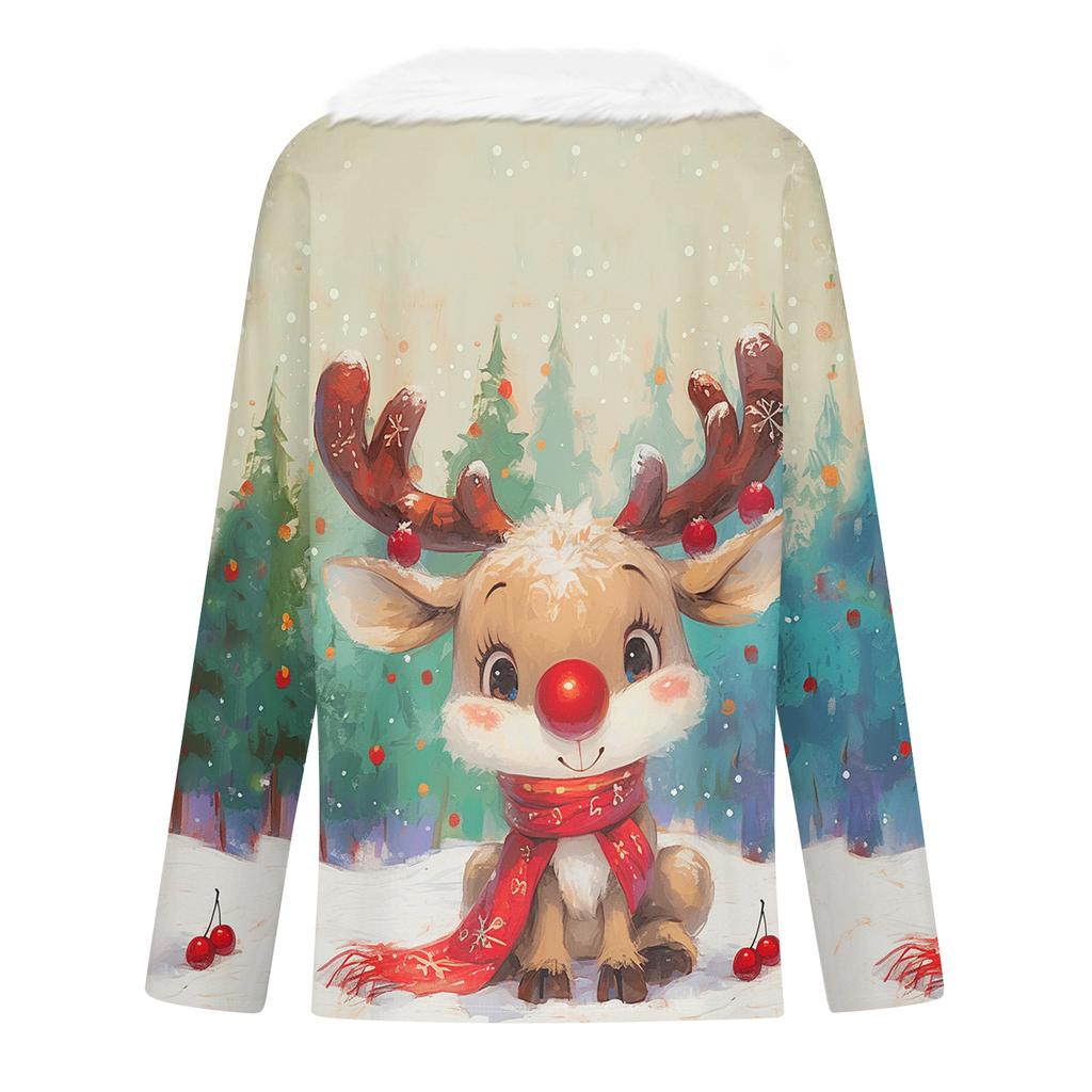 Women's Christmas Printed Long Sleeved Party Plush Neck V-neck Top