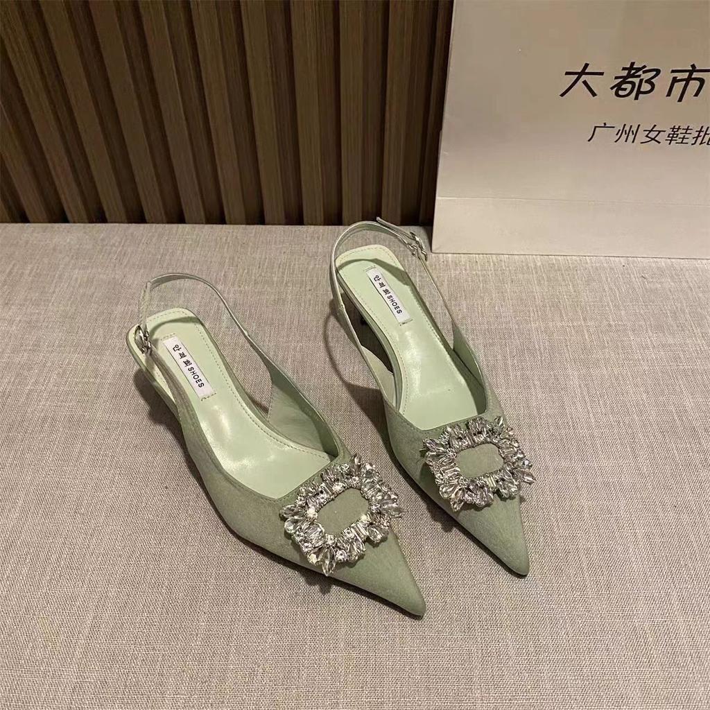 Rhinestone Square Buckle High Heels Women'S Thin Heels Pointed Head Shallow Mouth Empty Single Shoes Bag Head Sandals