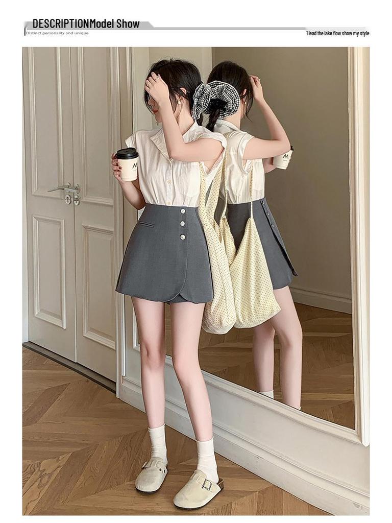 Women's High-Waisted Gray A-Line Skirt Shorts - Spring 2025 Casual Wide-Leg Design