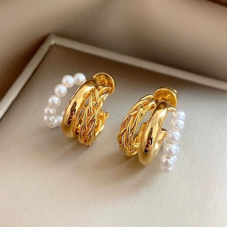 Orecchini Cerchio Metallico Avvolto Industria Pesante Forma a C Semplici ed Eleganti Fibbie per Orecchie Semicircolari a Tre Strati Orecchini a Bottone Esagerati