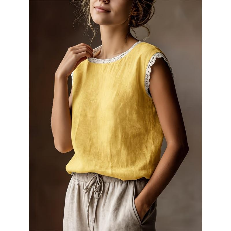 Womens Retro Loose Round Neck Solid Color Lace Splicing Sleeveless Linen Shirt