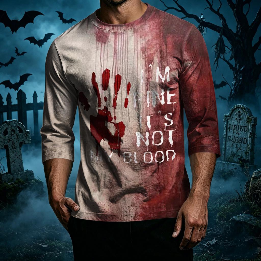 Men's Casual Halloween Graphic T-Shirt Three Quarter Sleeve Crew Neck Top Lightweight Comfortable Fit