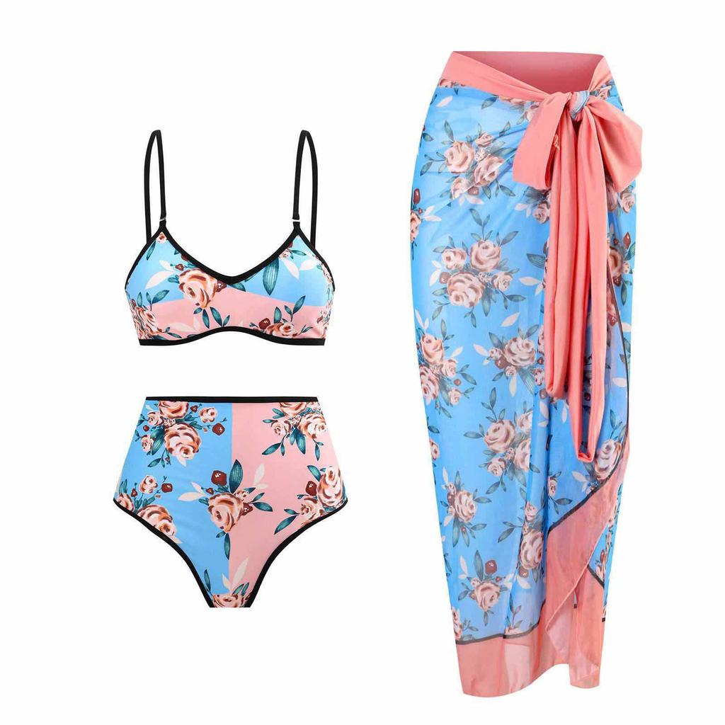 Women's 3-Piece Bikini Set Two-Sided Wearable Reversible Swimsuit with Adjustable Top, High-Waisted Bottom & Sarong, Quick-Dry Fabric