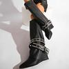 Fashion Rivets Belt Decor Black Long Boots for Women Punk Style Pointed Toe Knee High Boots Woman Fashion Wedges Pu Leather Botas 35-42