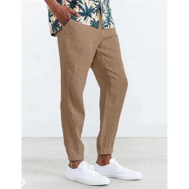 Men Casual Linen Pants Elastic Waist Drawstring Jogger Trousers Loose Fit Daily Outdoor Streetwear Long Pants
