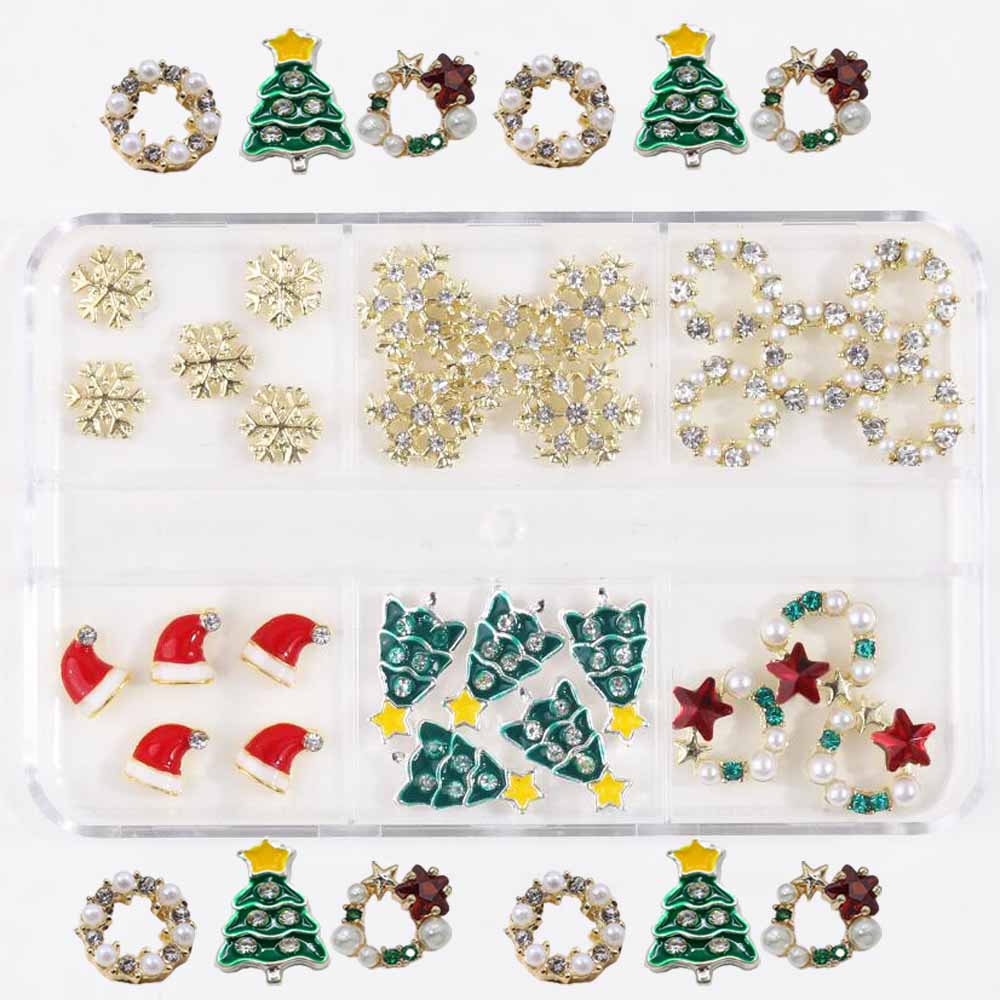 6Grid 3D Christmas Alloy Gold Snowflake Nail Charms 26/28pcs Christmas Tree/Wreath/Bell Gems Rhinestones Winter Holiday Nails