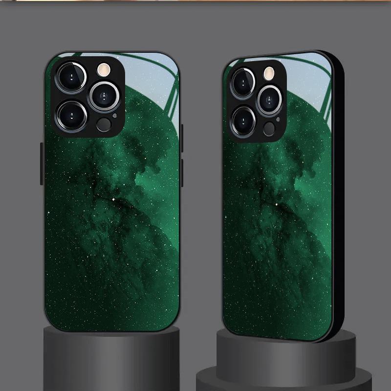 Dark Green Starry Sky Pattern Tempered Glass Black Phone Case For iPhone 11 12 13 14 15 16 17 Pro Max 17 Air 7 8 Plus XS X Cover