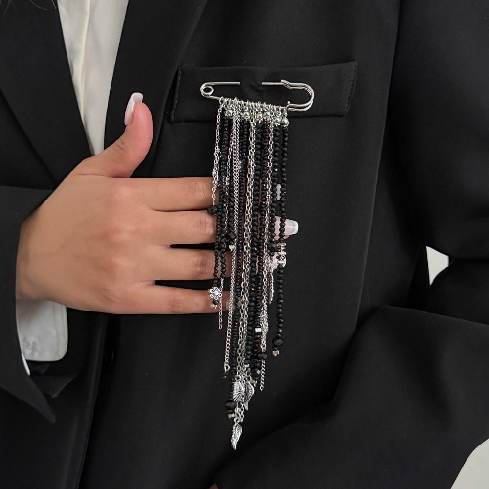 Black Red Crystal Beads Brooches Handmade Bead Fixed Needle Long Tassel Brooch Multi-layer Chain Lapel Pin Suit Accessories