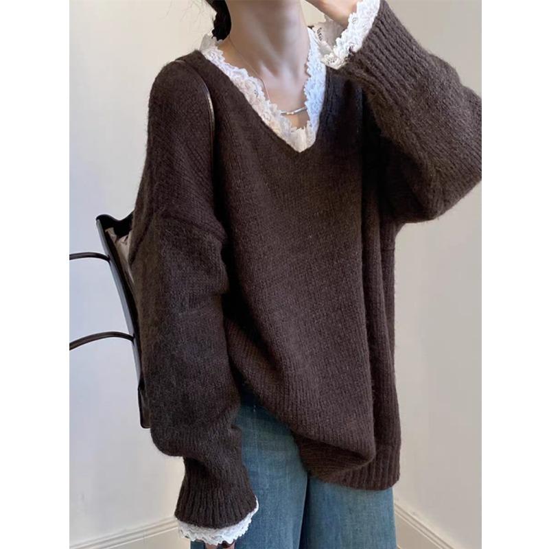 New Korean Fashion Lace Patchwork Pullover Loose Sweater Women Knitted Casual Versatile Tops Autumn and Winter V Neck Long Sleeve Solid Color Clothes