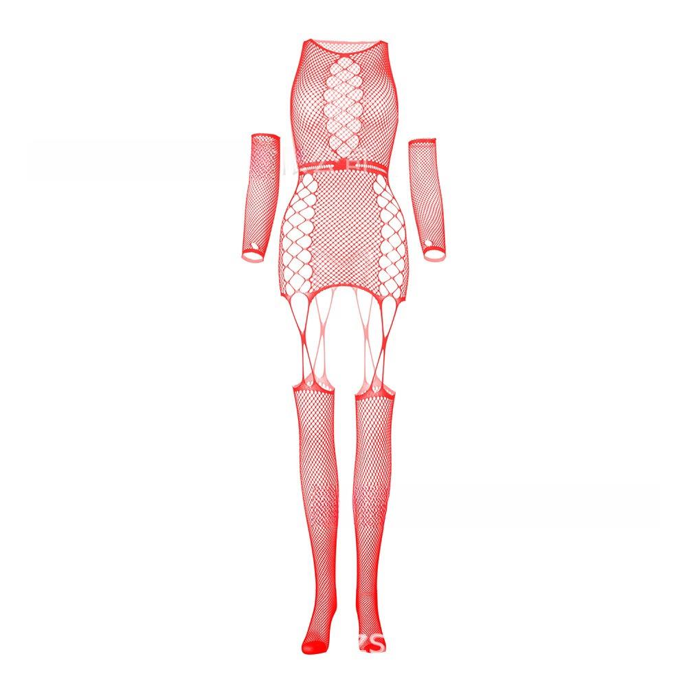 Ensemble deux pièces en résille pour femmes, body ajouré, Lingerie avec manches longues, gants longs, vêtements en filet