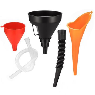 3 Piece Filling Funnel Flexible Plastic Funnel Set with Long Spout & Hose, Universal Oil Petrol Fuel Funnel for Car Motorcycle Red/Orange/Black