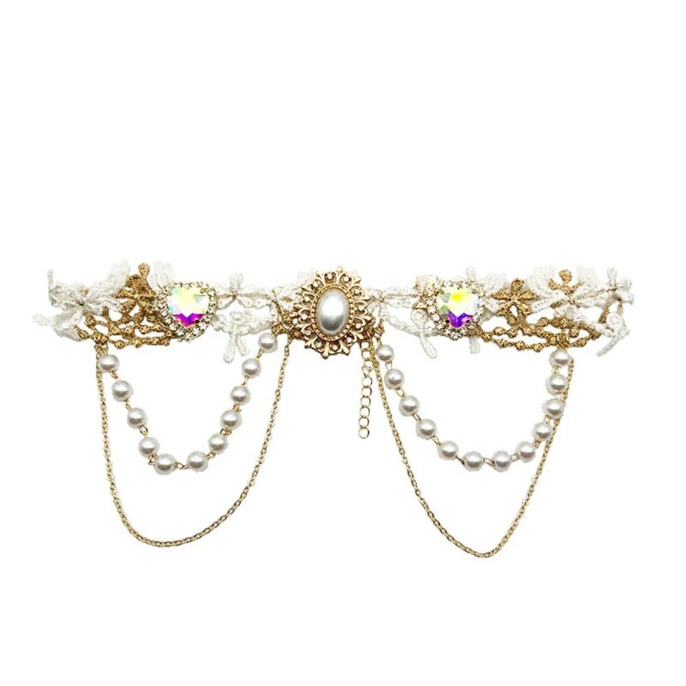 Vintage Lace Pearl Choker Shiny Lolita Choker Necklace Adjustable Rhinestone Tassel Necklace Party