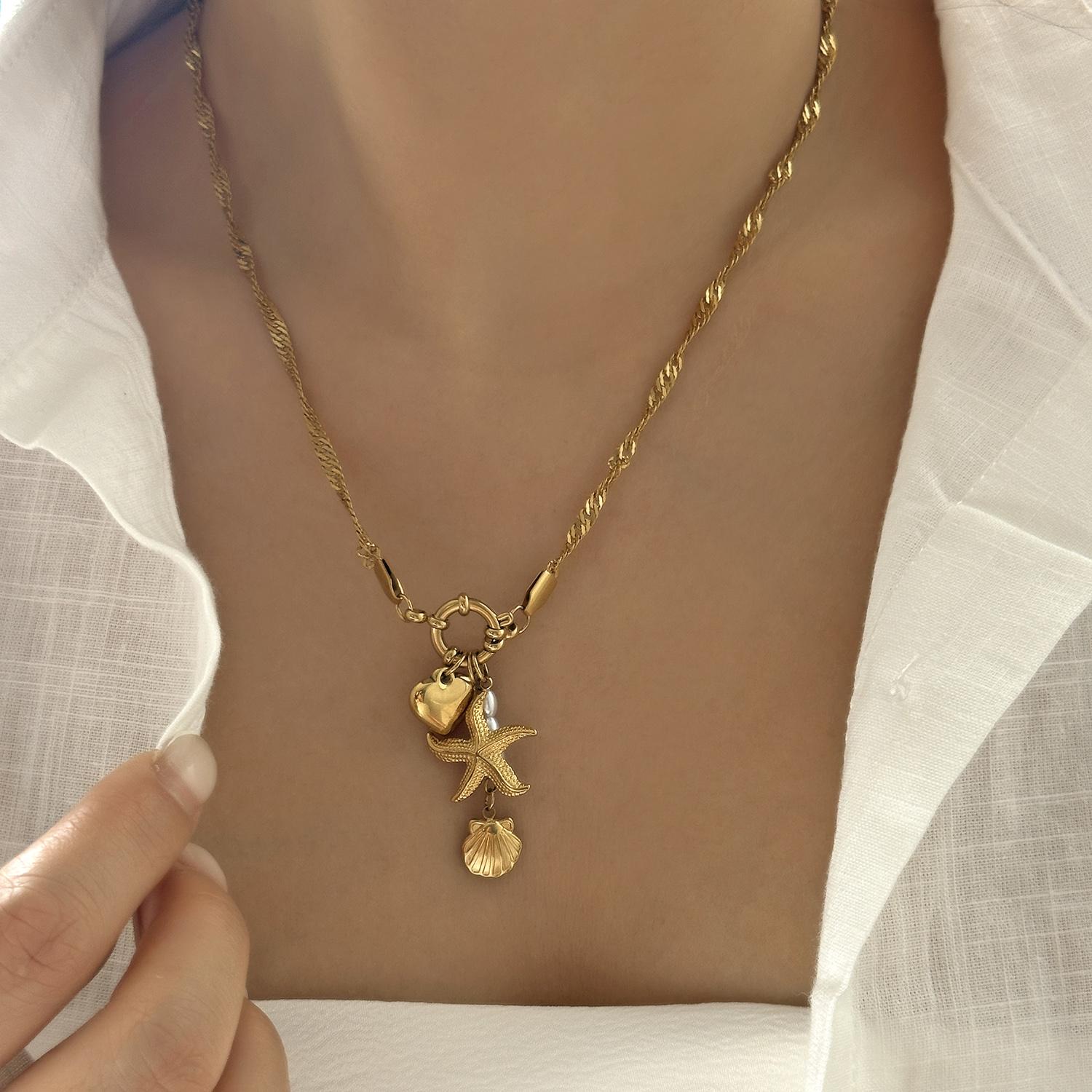 

Charming Ceramic Fish Sea Turtle Sun Starfish Pendant Necklace for Women Stainless Steel Gold Color Necklace Beach Party Jewelry