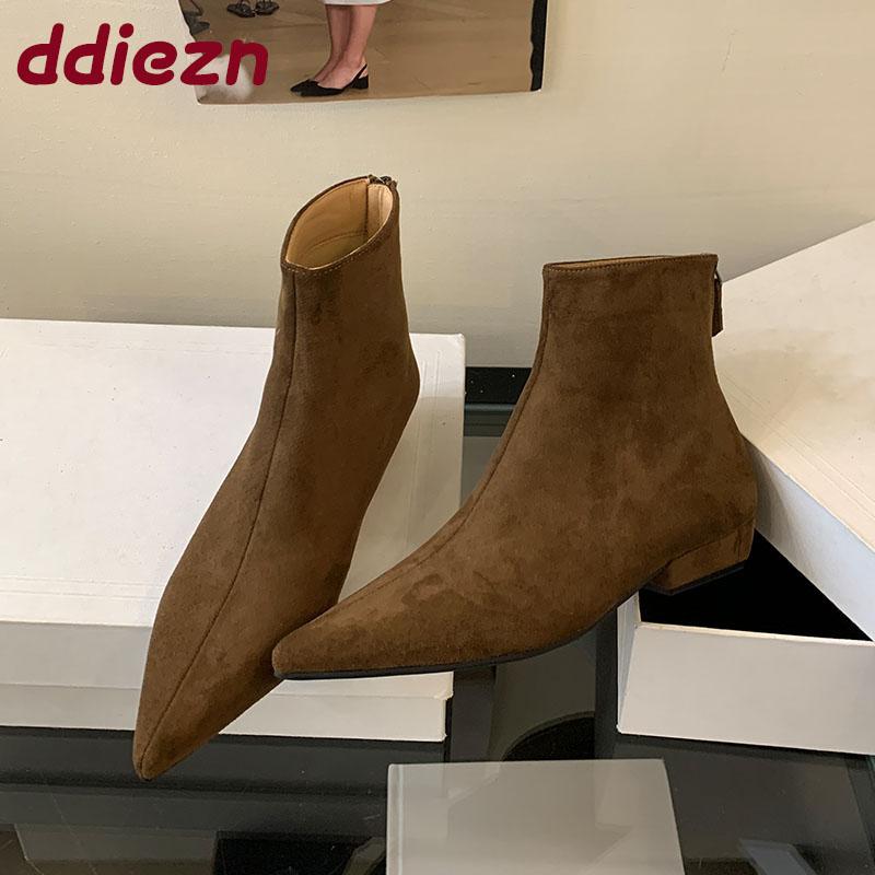 Fashion Fashion Flock Women Ankle Boots With Low Heel Footwear Pointed Toe Modern Ladies Short Boots Shoes Female Zippers Shoes