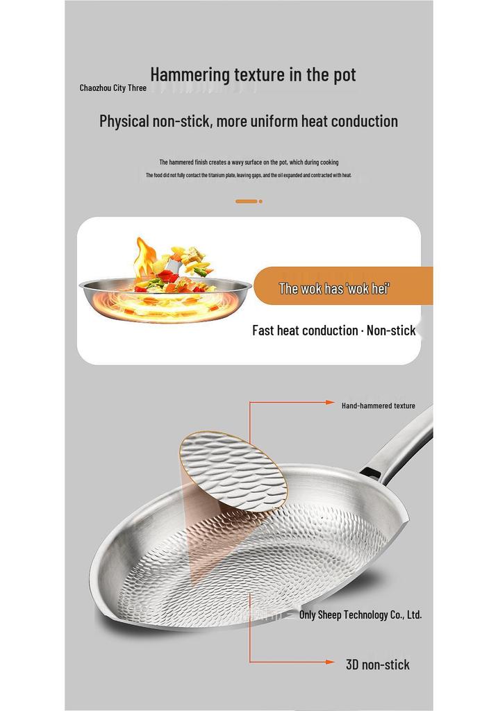 Titanium Dragon Scale Hammer Pattern Flat Bottom Wok with Square Handle, No Coating, Less Oil Smoke, Stainless Steel Steak Frying Pan.