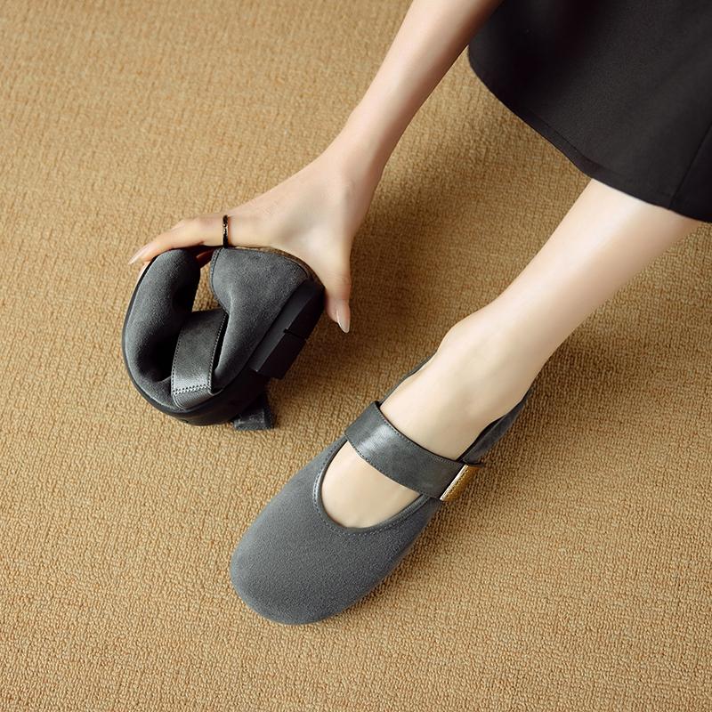Fashion Women's new leather sheepskin round head metal belt buckle, low heel, large size, soft and comfortable Mary Jane single shoe