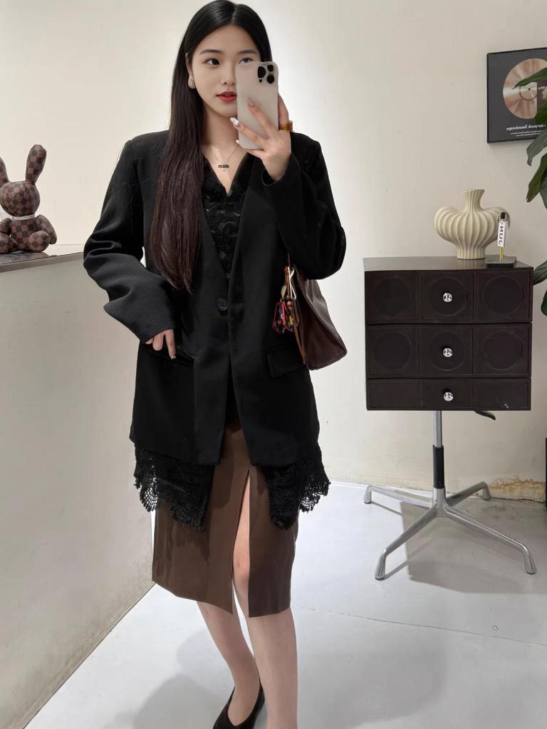 Korean V-Neck Mid-Length Patchwork Lace Suit Jacket for Women