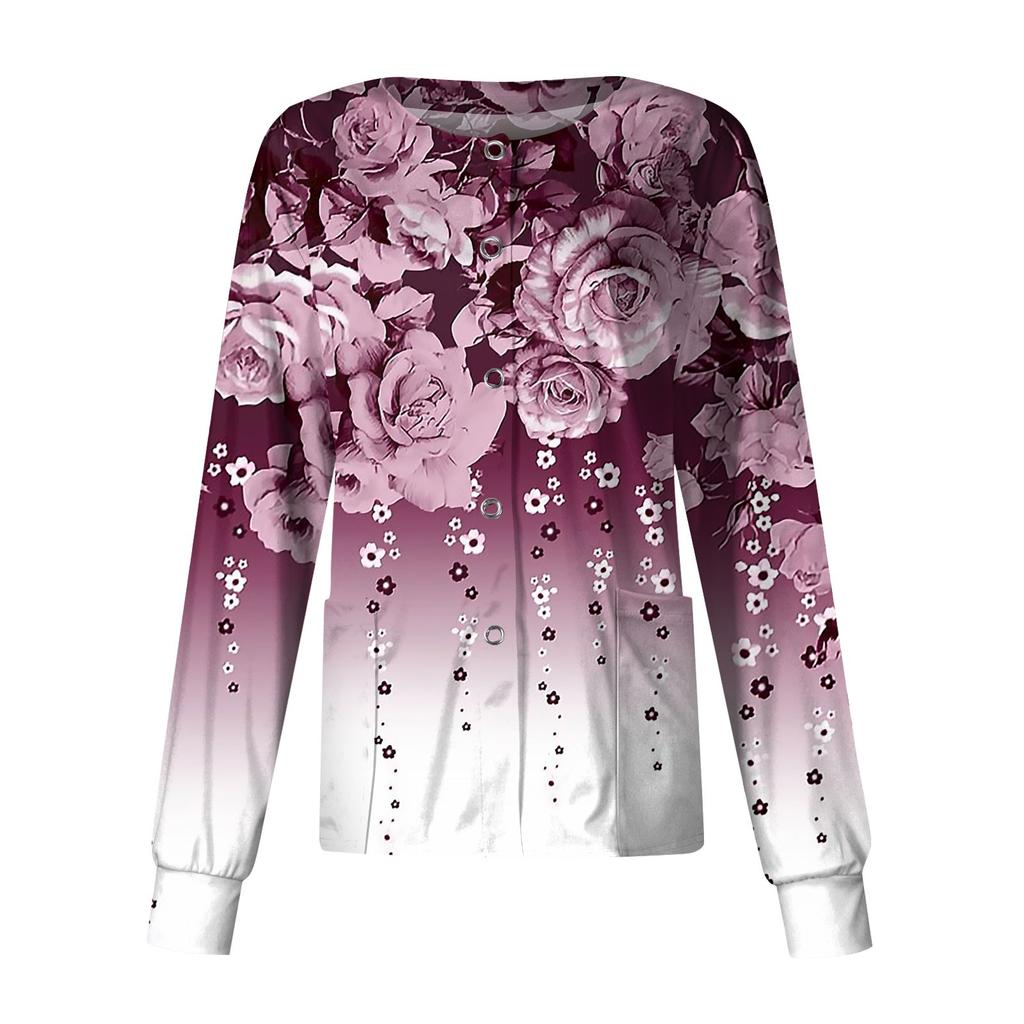 Frauen Langarm Druck Muster Tasche Arbeiten Stehkragen einreiher Schutz Overalls Strickjacke Jacke Top