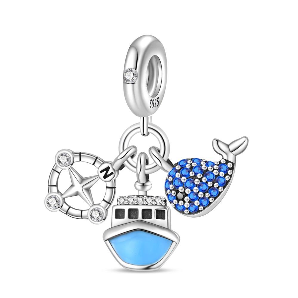 New 925 Sterling copper Summer Blue Ocean Turtle Starfish Dolphin Dangle Charms Fit Original Bracelet Necklace Zircon