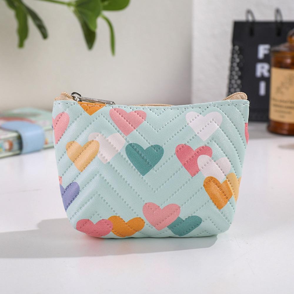 Multi-functional PU Leather Coin Purse Heart Patterns Zipper Closure Mini Wallet Small Makeup Bag Home Travel Lipstick Holder